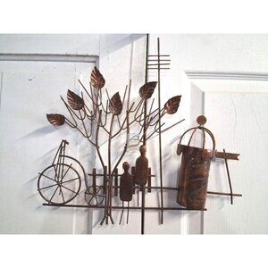 Vintage Emesco 1974 Copper Wall Art With Bicycle Tree & People Scene Made In Hon